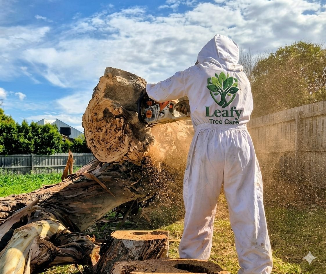 Leafy Tree Care arborist felling a large hardwood